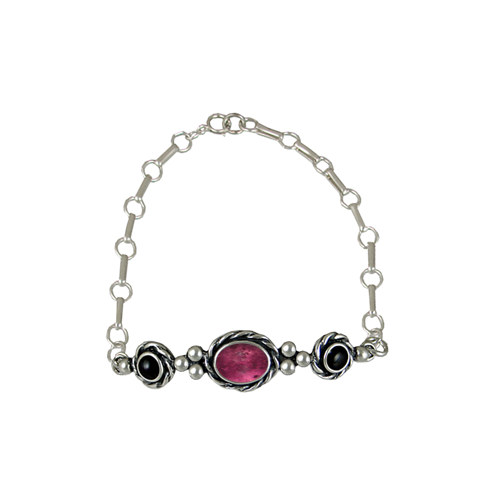 Sterling Silver Gemstone Adjustable Chain Bracelet With Pink Tourmaline And Black Onyx